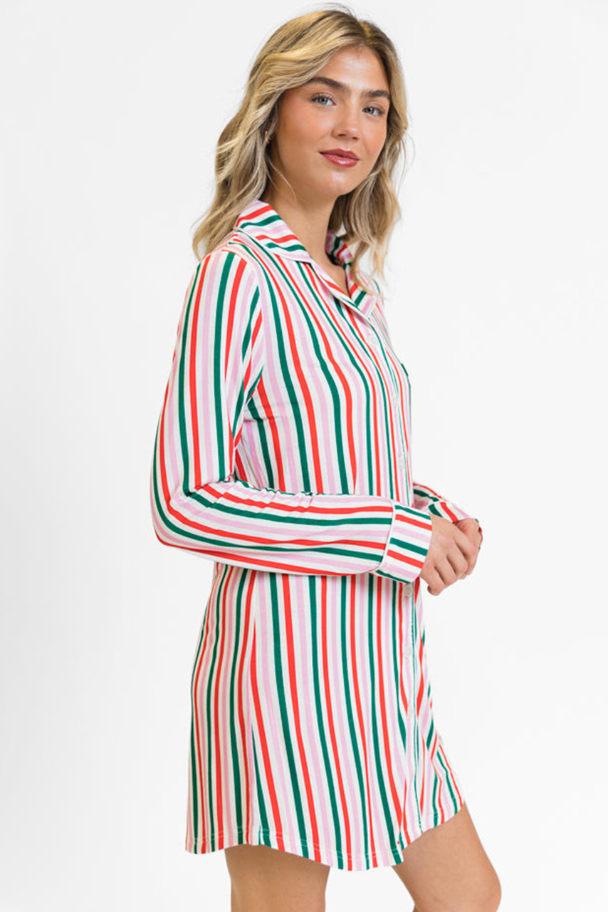 Pink Stripe Christmas Long Sleeve Shirt Style Lounge Dress Pink Stripe Christmas Long Sleeve Shirt Style Lounge Dress