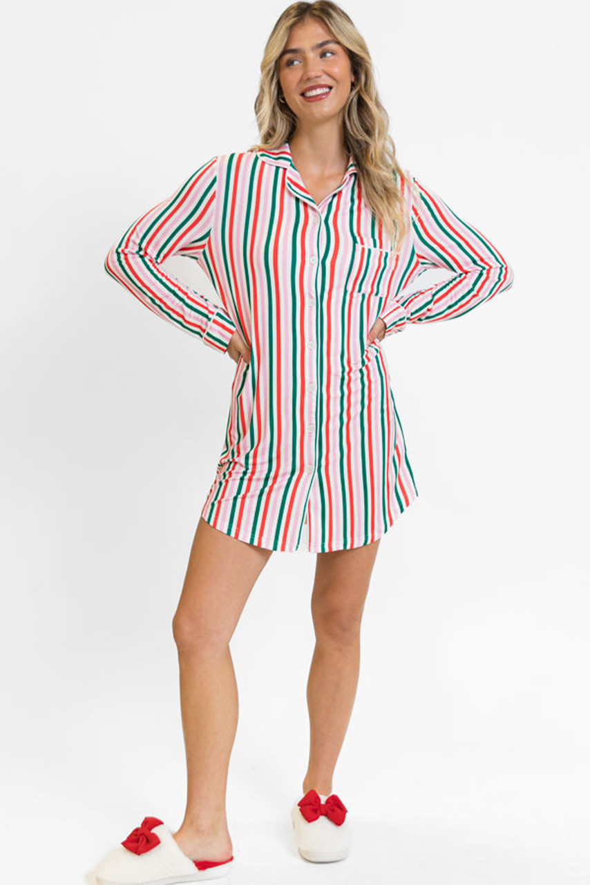 Pink Stripe Christmas Long Sleeve Shirt Style Lounge Dress Pink Stripe Christmas Long Sleeve Shirt Style Lounge Dress