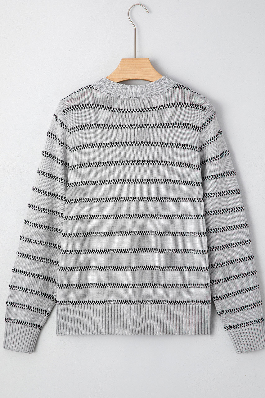 Gray Stripe Button Front Ribbed Trim Short Cardigan