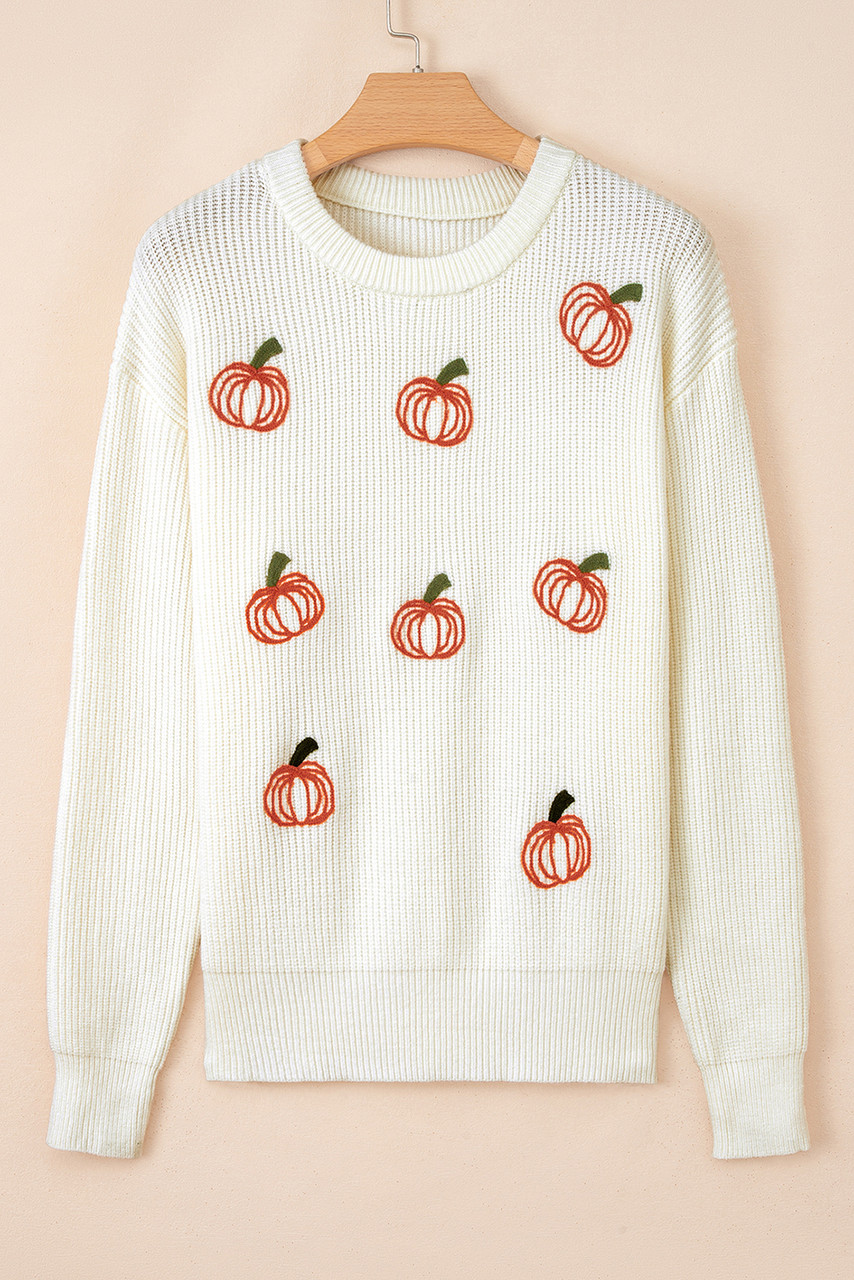 Beige Pumpkin Embroidered Ribbed Thanksgiving Halloween Holiday Sweater