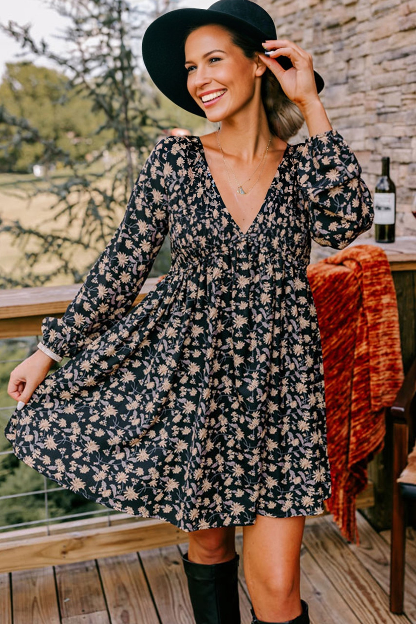 Black Floral Deep V Neck Smocked Bust Bubble Sleeve Babydoll Dress Black Floral Deep V Neck Smocked Bust Bubble Sleeve Babydoll Dress