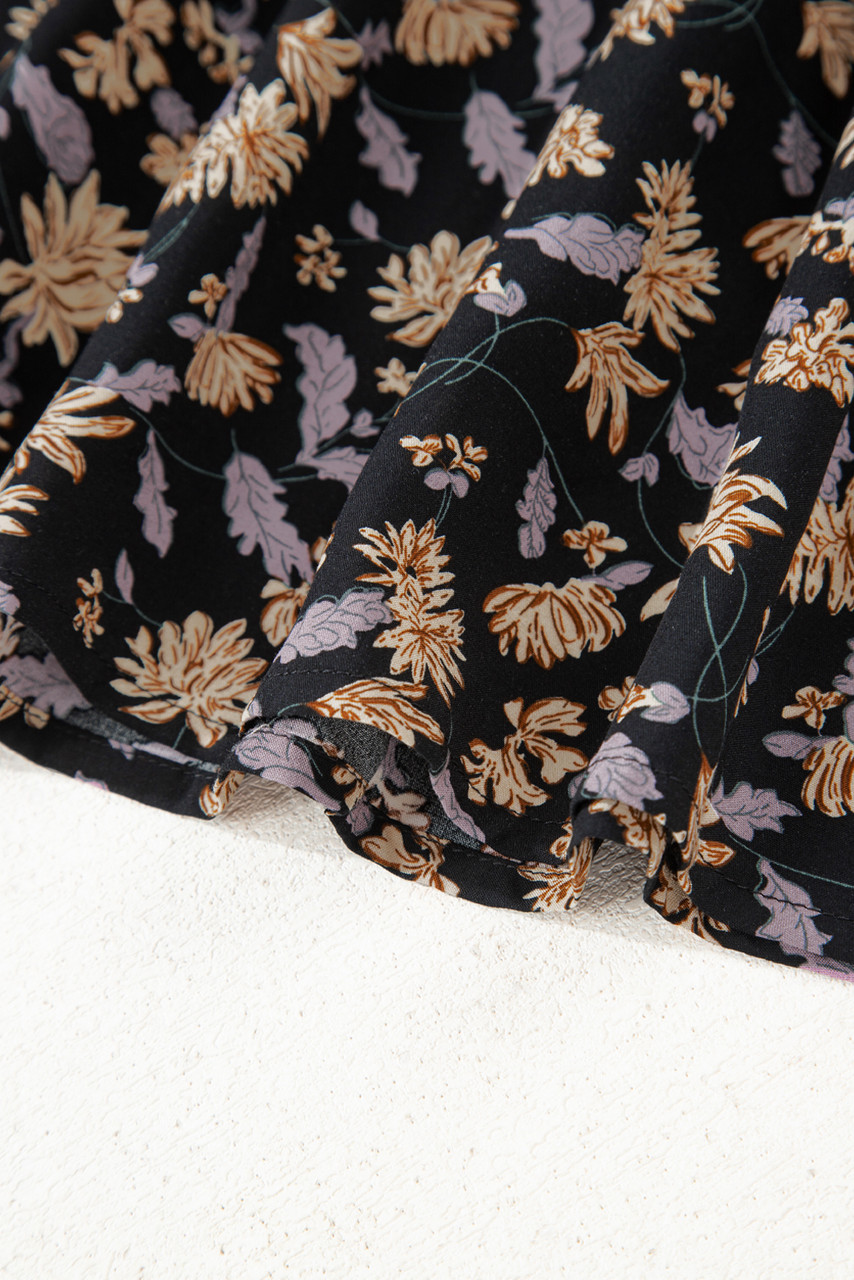 Black Floral Deep V Neck Smocked Bust Bubble Sleeve Babydoll Dress Black Floral Deep V Neck Smocked Bust Bubble Sleeve Babydoll Dress