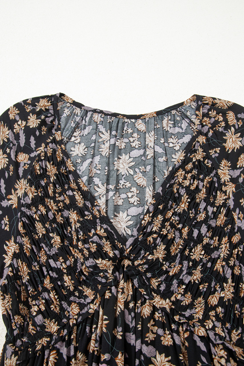 Black Floral Deep V Neck Smocked Bust Bubble Sleeve Babydoll Dress Black Floral Deep V Neck Smocked Bust Bubble Sleeve Babydoll Dress