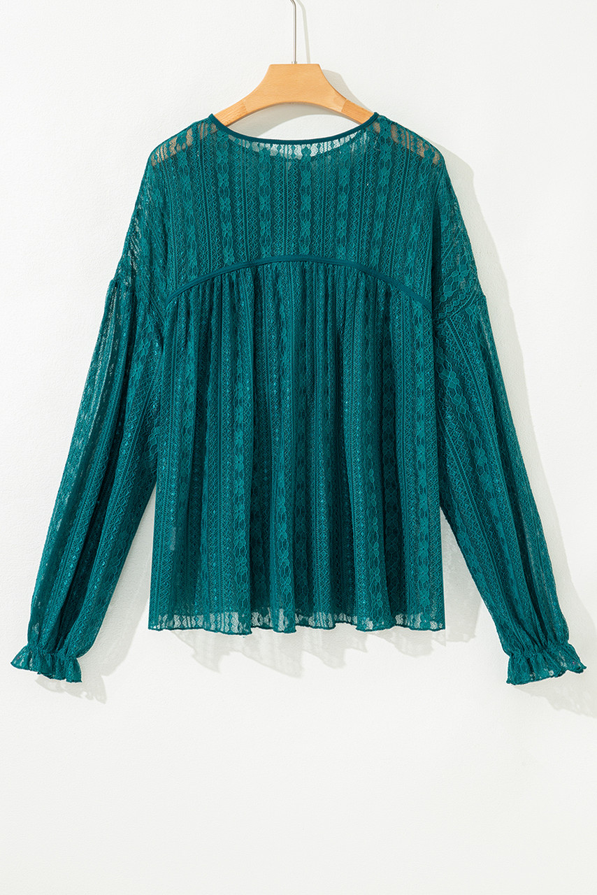 Evergreen Sheer Lace Balloon Sleeve Babydoll Blouse
