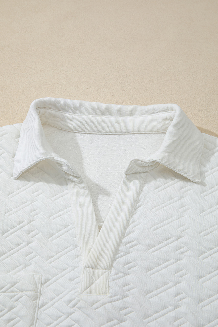 White Textured Pocketed Collared V Neck Pullover Sweatshirt