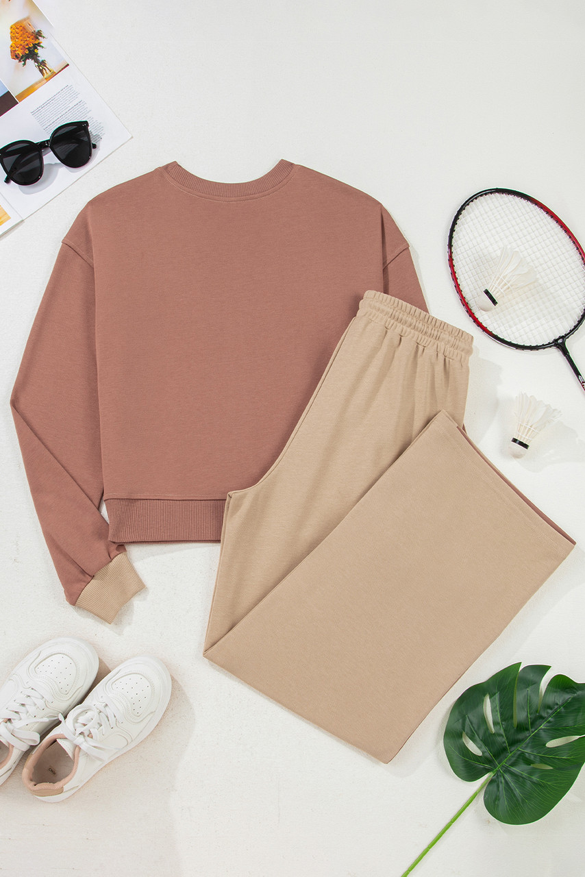 Khaki Color Block Long Sleeve Crop Top Drawstring Pant Set