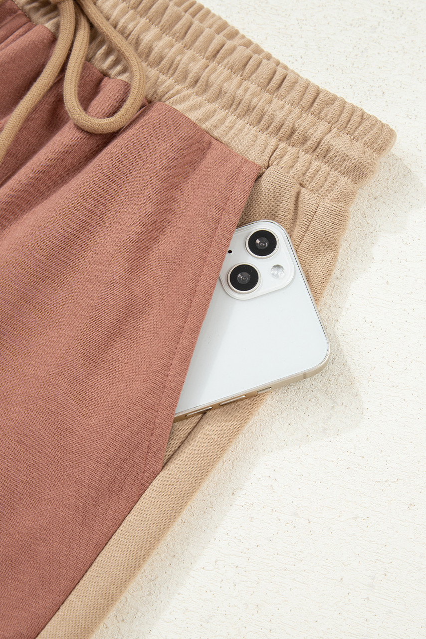 Khaki Color Block Long Sleeve Crop Top Drawstring Pant Set