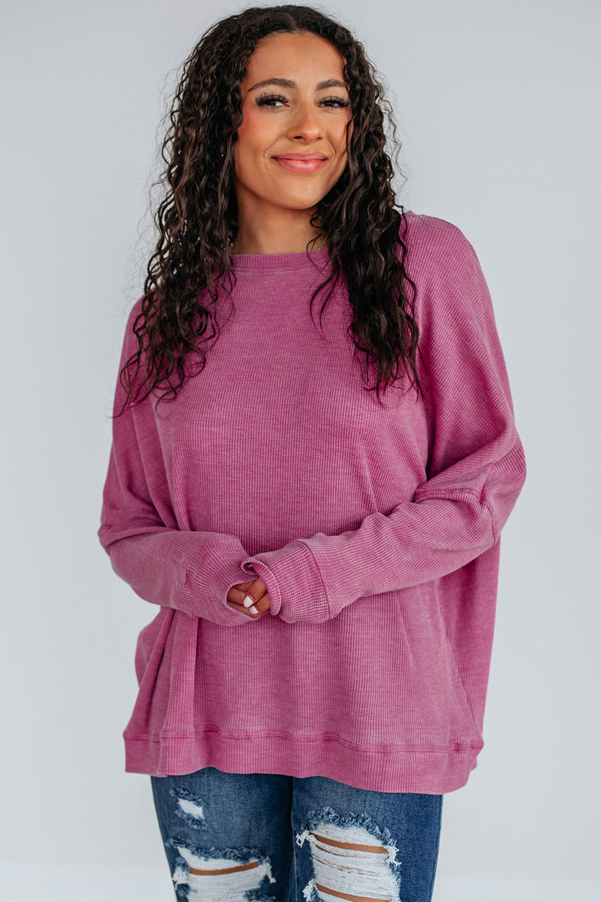 Bright Pink Waffle Knit Patchwork Long Sleeve Loose Top