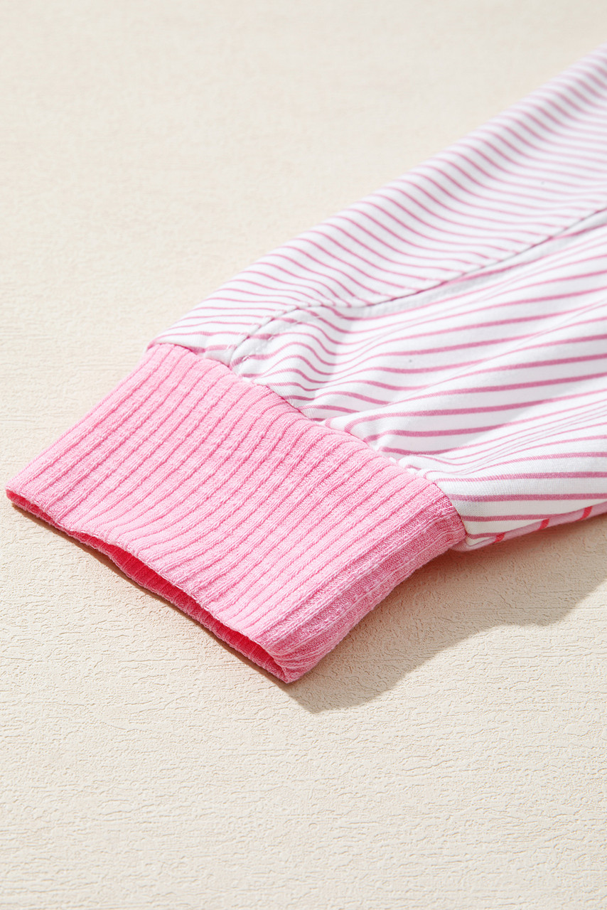 Sachet Pink Striped Colorblock Exposed Seam Casual Long Sleeve Top