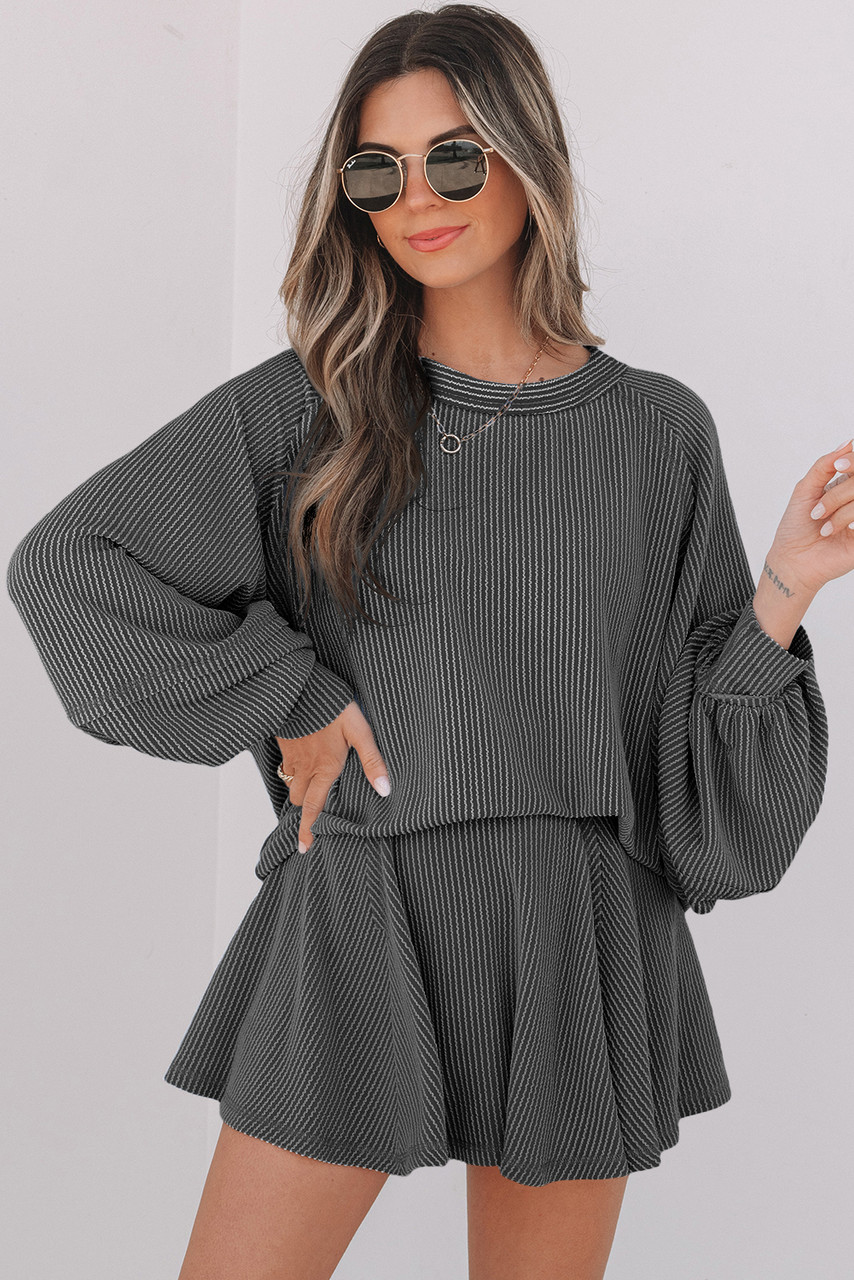 Dark Grey Corded Lantern Sleeve Top High Waist Ruffled Mini Skirt Set Dark Grey Corded Lantern Sleeve Top High Waist Ruffled Mini Skirt Set