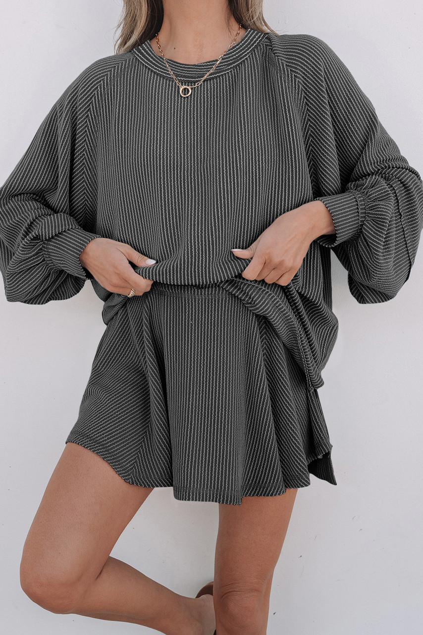 Dark Grey Corded Lantern Sleeve Top High Waist Ruffled Mini Skirt Set Dark Grey Corded Lantern Sleeve Top High Waist Ruffled Mini Skirt Set