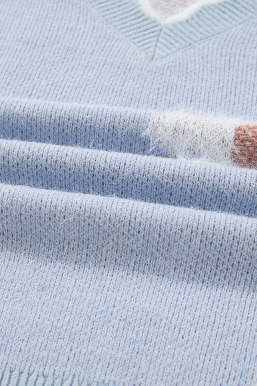 Gray Fuzzy Flower Scalloped V Neck Plus Sweater