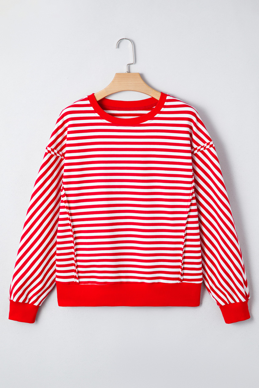 Red Stripe Exposed Seam Drop Shoulder Casual Pullover Top