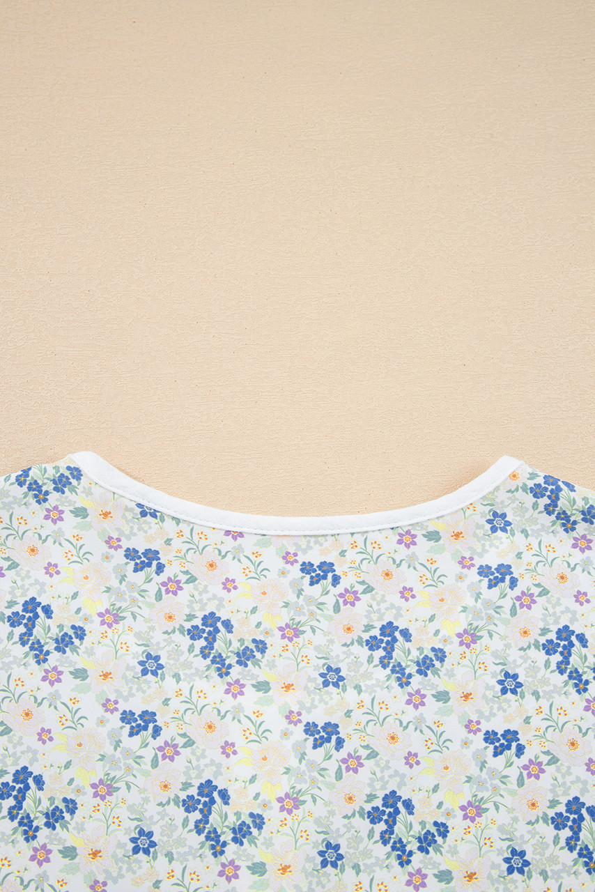 Sky Blue Floral Print Gauze Patchwork Henley Button 3/4 Sleeve Blouse