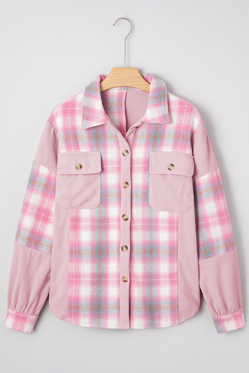 Pink Brushed Plaid Corduroy Flap Pockets Patchwork Shacket