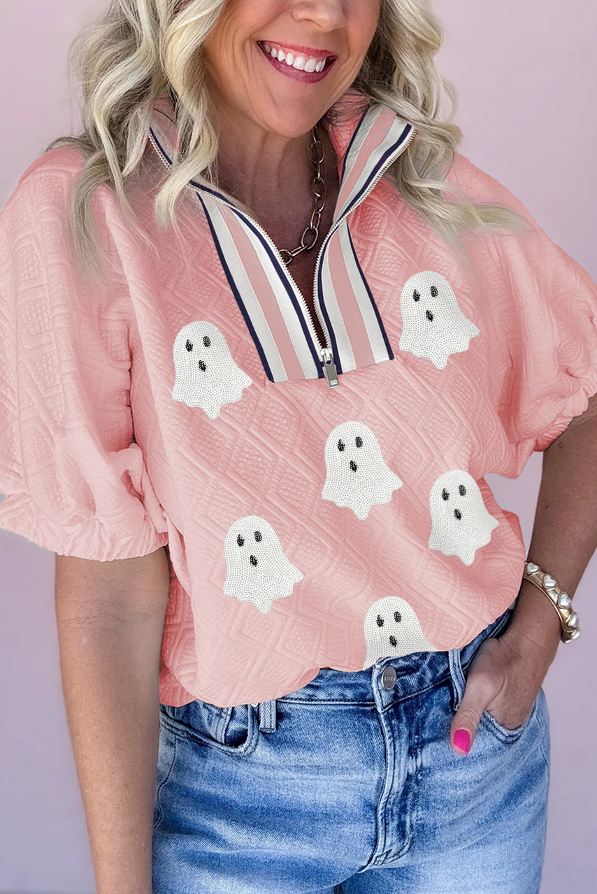 Light Pink Sequin Halloween Ghost Patched Textured Knit Contrast Collar Short Sleeve Top