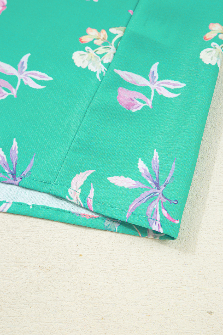 Green Floral Lantern Sleeve Button Front Shirt