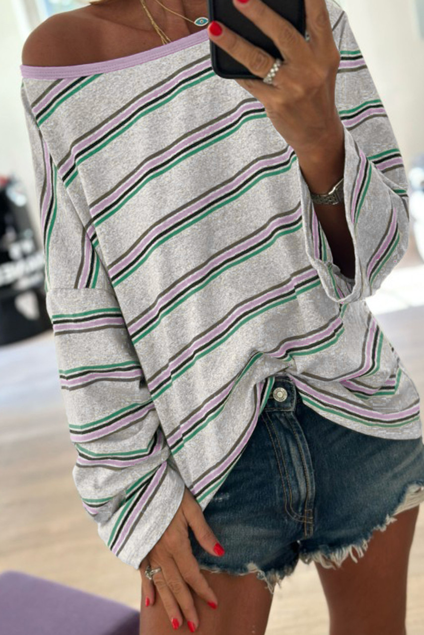 Purple Stripe Oversize Drop Shoulder Long Sleeve Casual Top