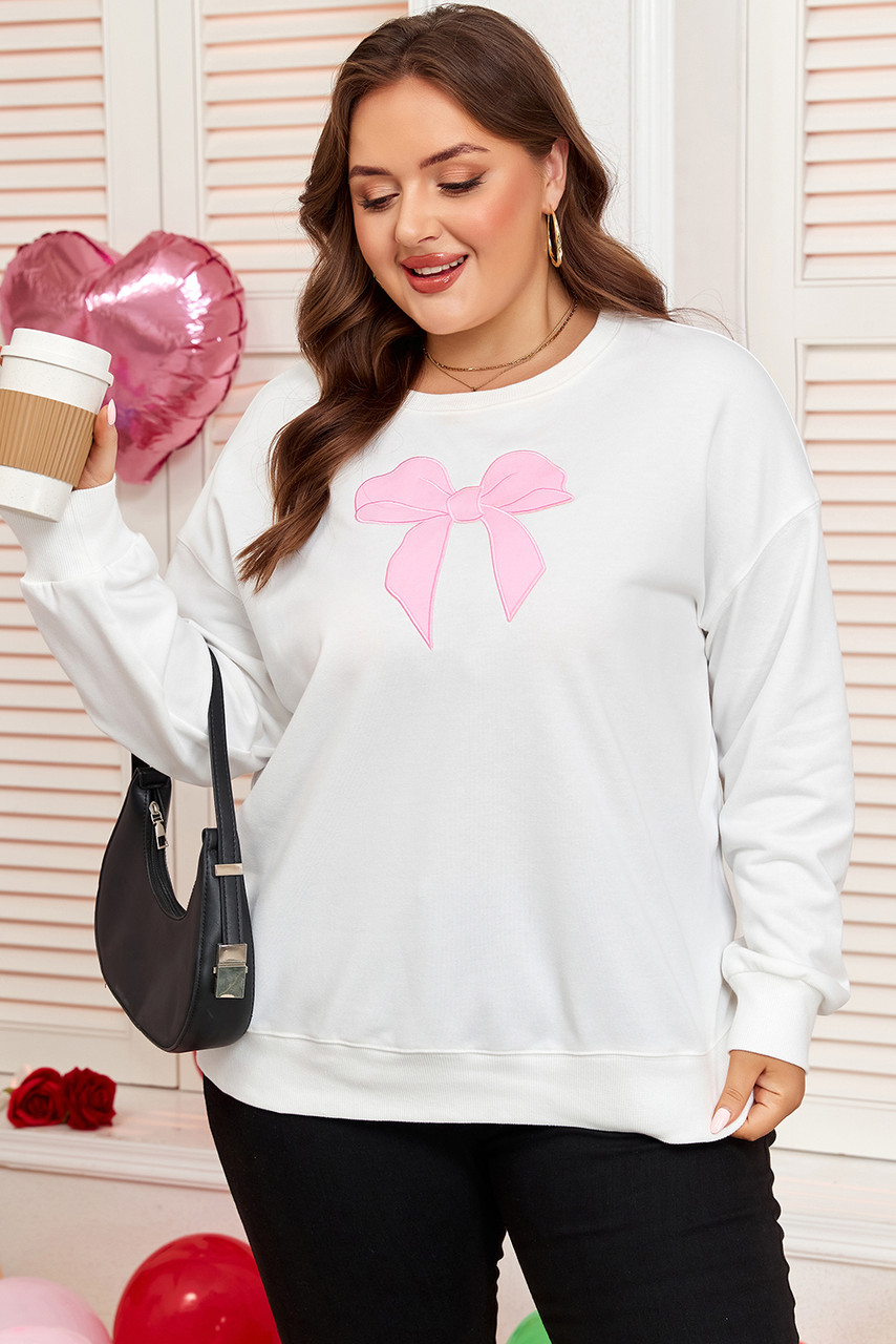 Beige Big Bow Accent Plus Size Drop Shoulder Sweatshirt