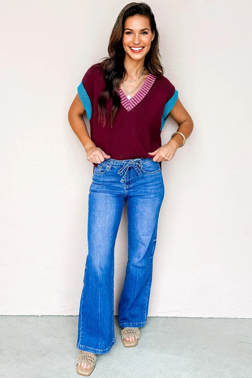 Burgundy Contrast Trim V Neck Cuffed Short Sleeve Loose Sweater Burgundy Contrast Trim V Neck Cuffed Short Sleeve Loose Sweater