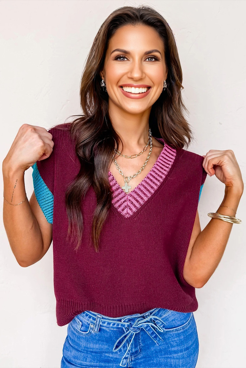Burgundy Contrast Trim V Neck Cuffed Short Sleeve Loose Sweater Burgundy Contrast Trim V Neck Cuffed Short Sleeve Loose Sweater