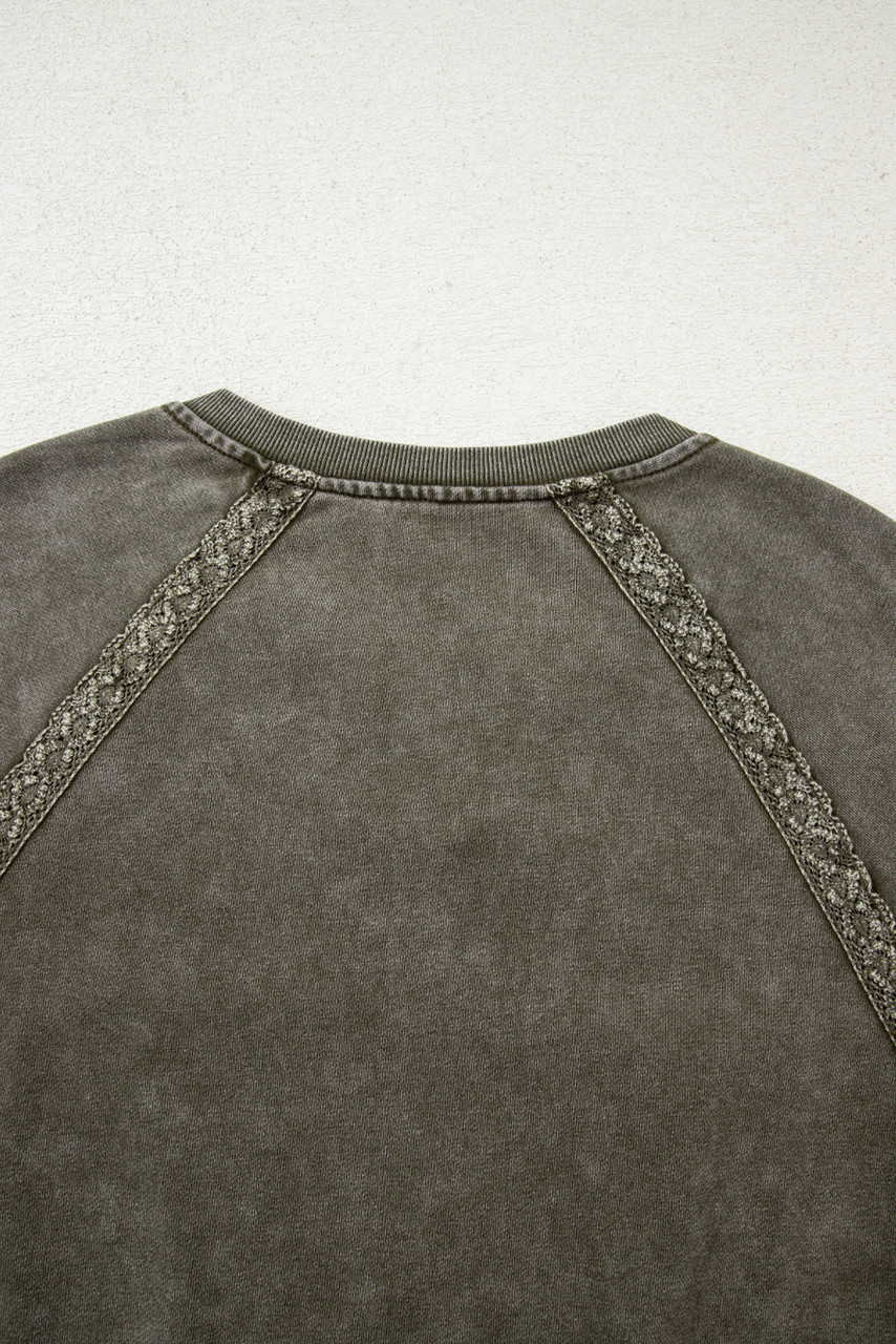 Jungle Green Lace Patchwork Detail Notched Neck Mineral Wash Baggy Sweatshirt