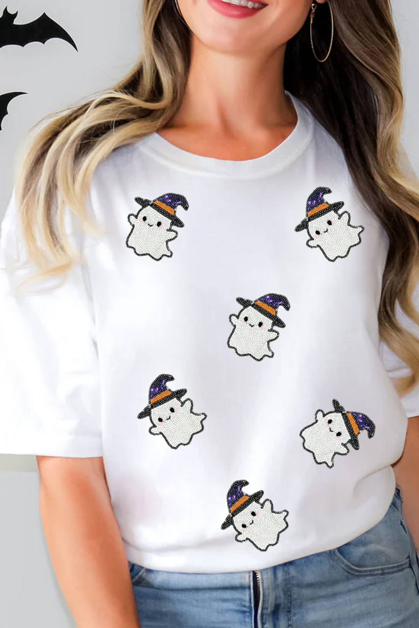 White Halloween Ghost Witch Sequin Patched Casual T Shirt