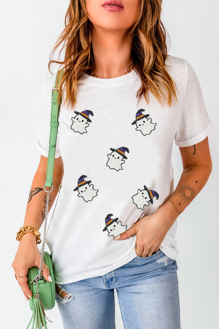 White Halloween Ghost Witch Sequin Patched Casual T Shirt