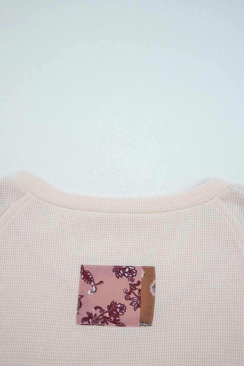 Beige Paisley Ethnic Print Contrast Patchwork Long Sleeve Loose Top