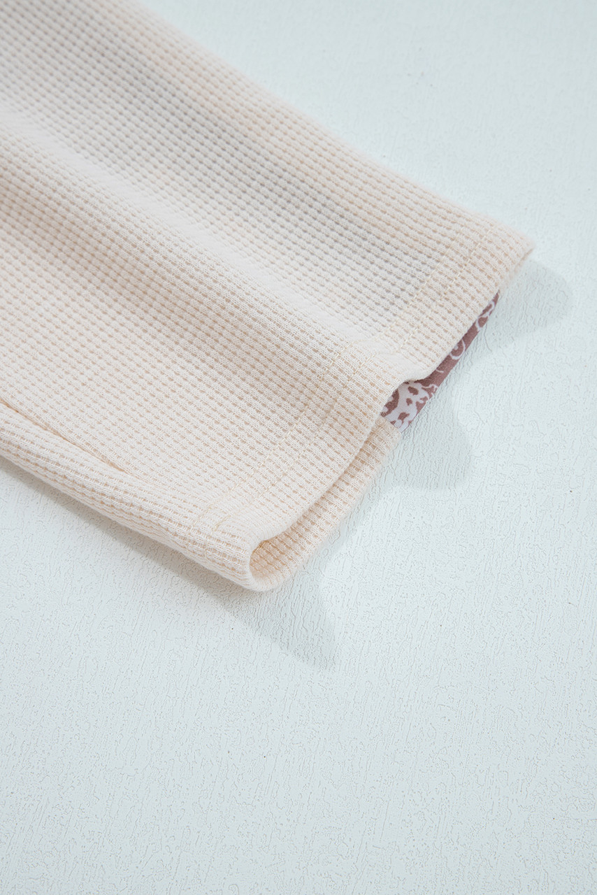 Beige Paisley Ethnic Print Contrast Patchwork Long Sleeve Loose Top