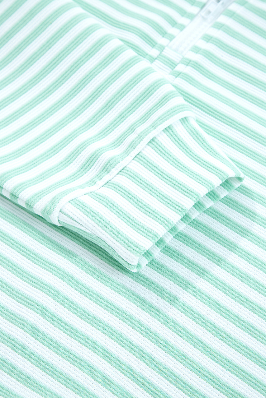 Green Stripe Quarter Zip Collar Pullover Long Sleeve Top