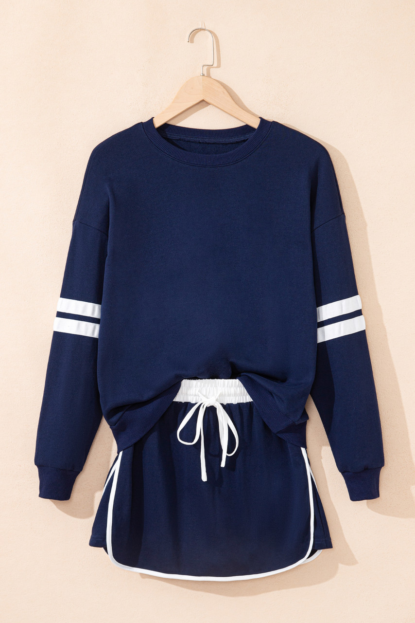Navy Blue Varsity Stripe Detail Drop Shoulder Pullover Mini Skirt Set