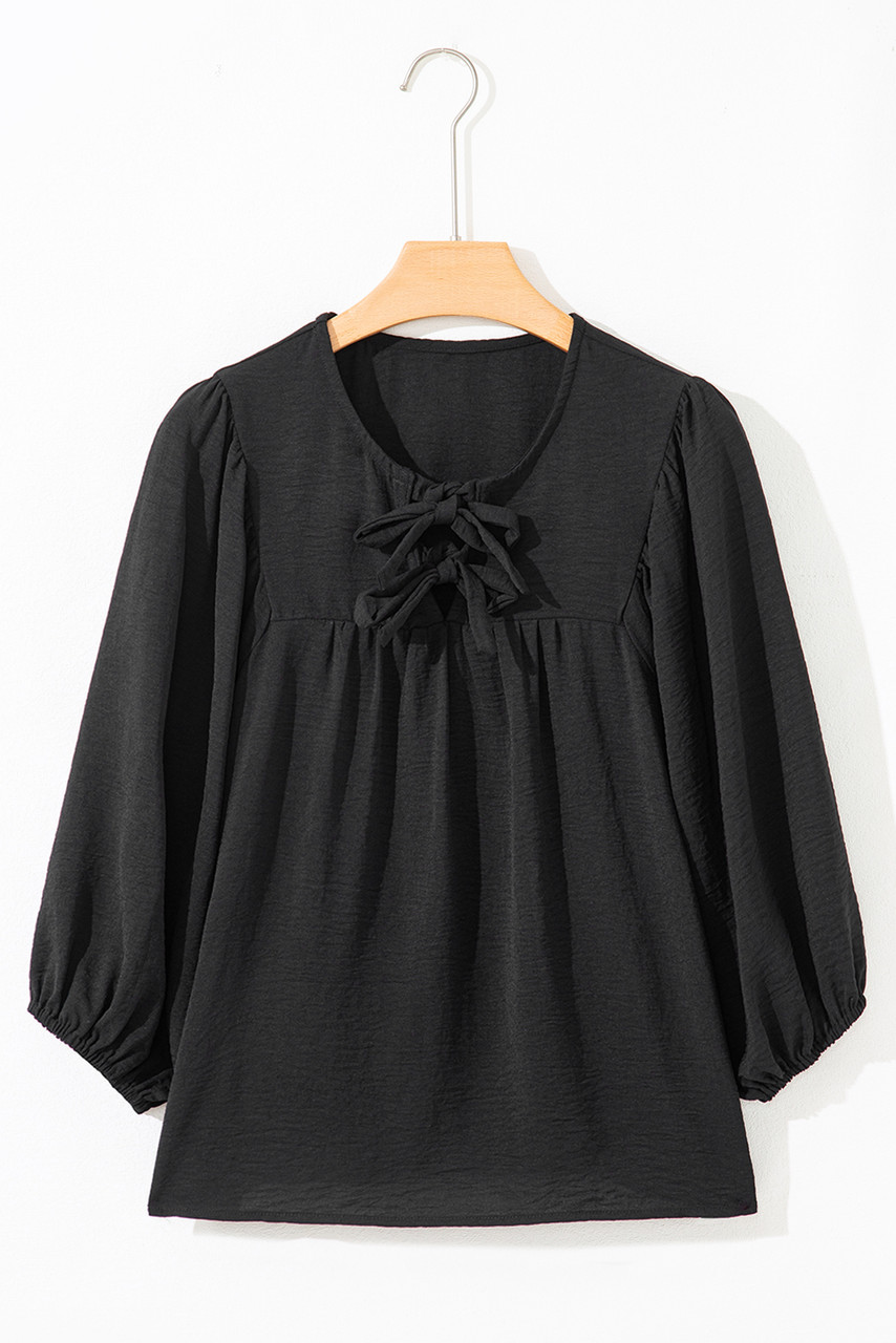 Black Bow Tie Neck 3/4 Sleeve Casual Blouse