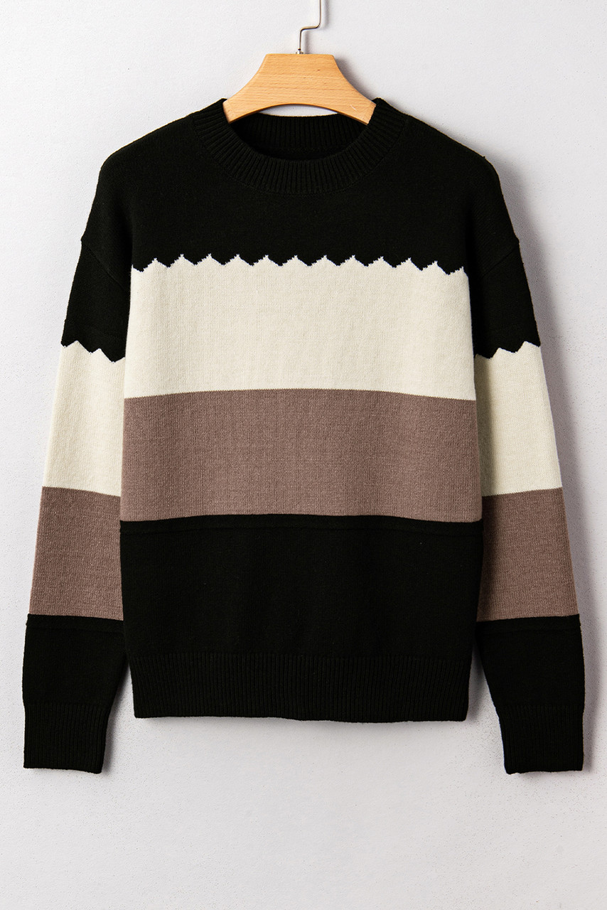 Black Colorblock Crew Neck Drop Shoulder Sweater