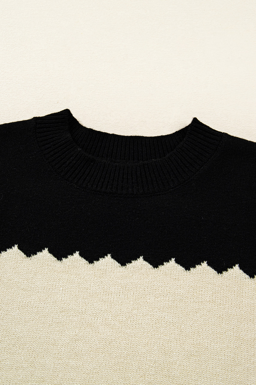 Black Colorblock Crew Neck Drop Shoulder Sweater