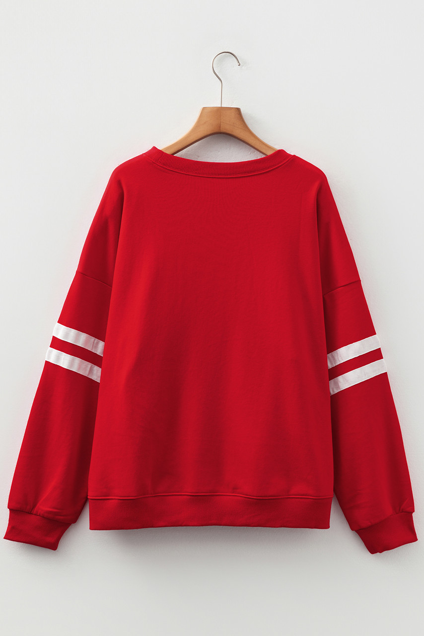 Fiery Red Varsity Striped Detail Crew Neck Plus Sweatshirt