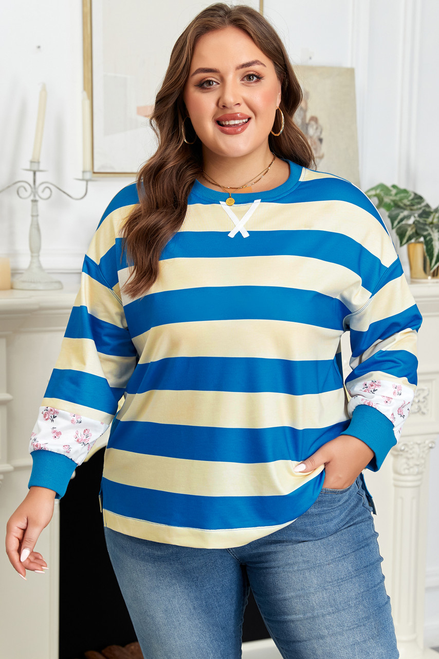 Blue Stripe Floral Color Block Drop Shoulder Plus Size Pullover Top Blue Stripe Floral Color Block Drop Shoulder Plus Size Pullover Top