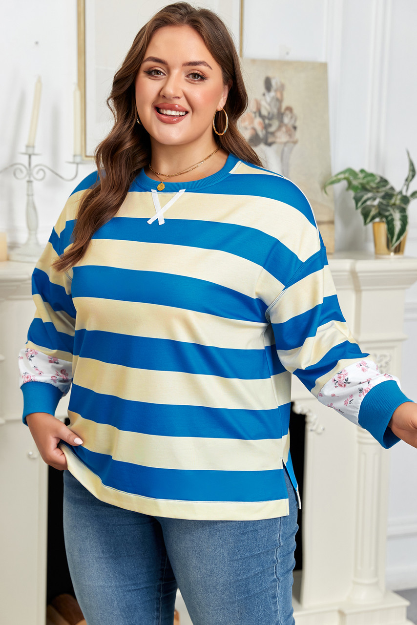 Blue Stripe Floral Color Block Drop Shoulder Plus Size Pullover Top Blue Stripe Floral Color Block Drop Shoulder Plus Size Pullover Top