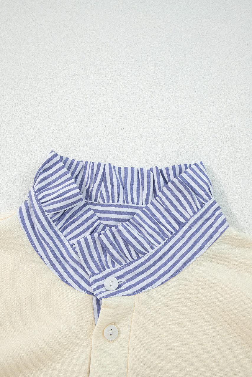 White Button Striped Collar Patchwork Puff Sleeve Sweatshirt