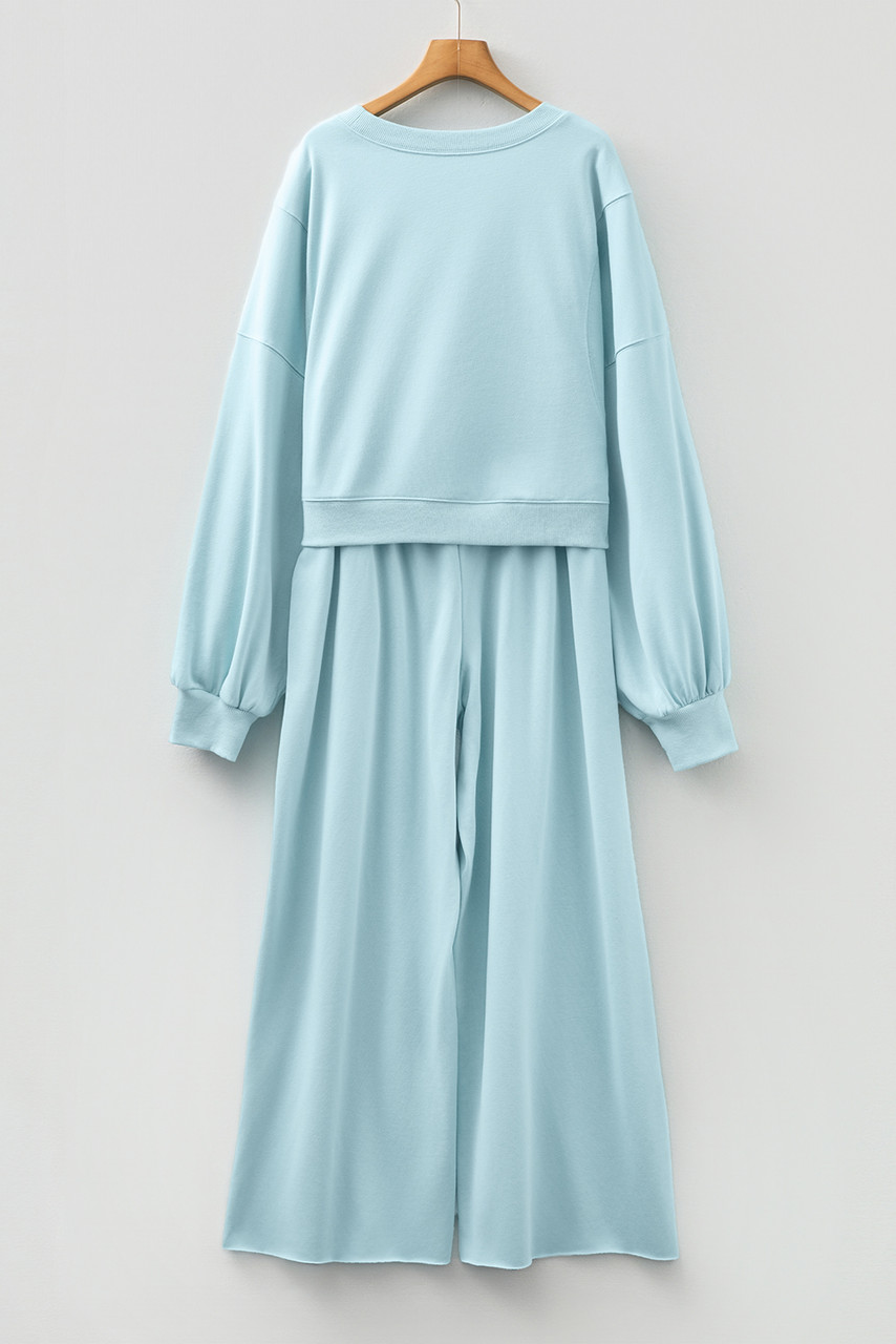 Mist Blue Drop Shoulder Puff Sleeve Crop Pullover Drawstring Wide Leg Pants Set