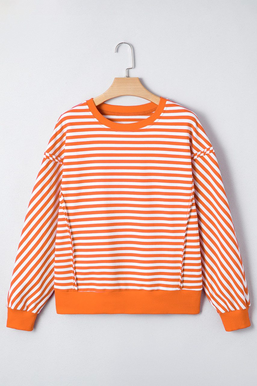 Orange Stripe Exposed Seam Drop Shoulder Casual Pullover Top
