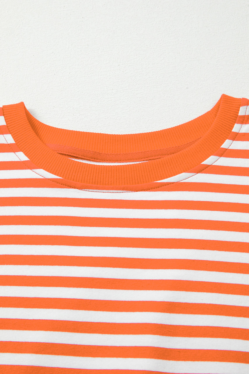 Orange Stripe Exposed Seam Drop Shoulder Casual Pullover Top