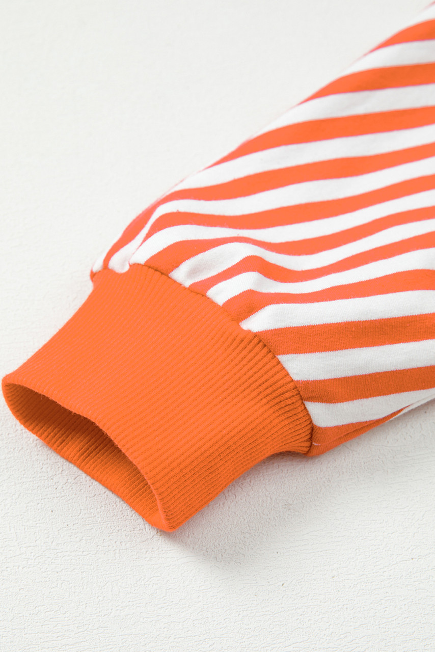 Orange Stripe Exposed Seam Drop Shoulder Casual Pullover Top