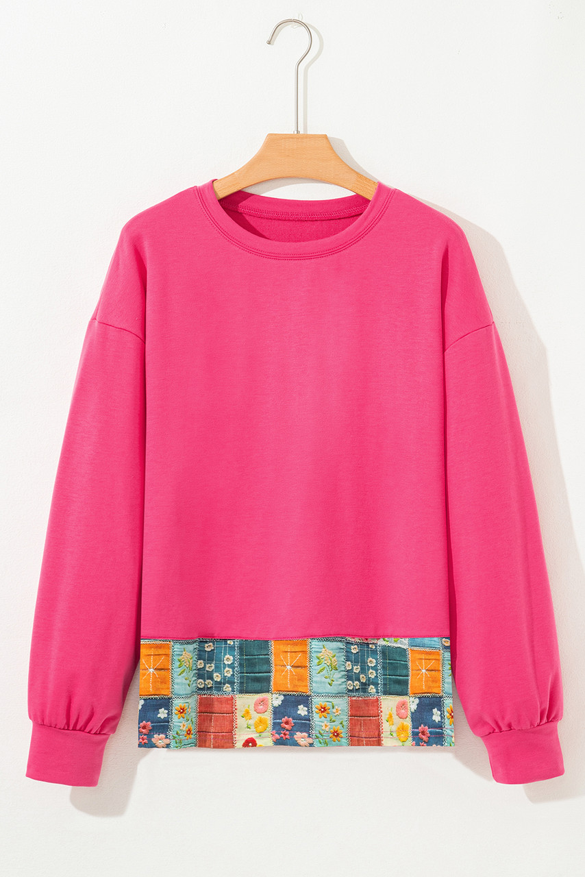 Strawberry Pink Floral Hemline Patchwork Round Neck Casual Top