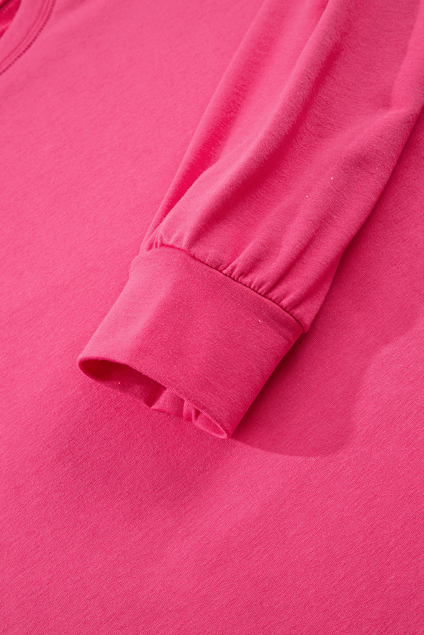 Strawberry Pink Floral Hemline Patchwork Round Neck Casual Top