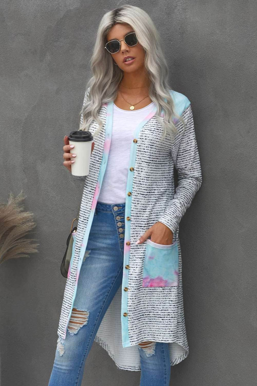 Tie-dye Patchwork Long Striped Cardigan with Pockets