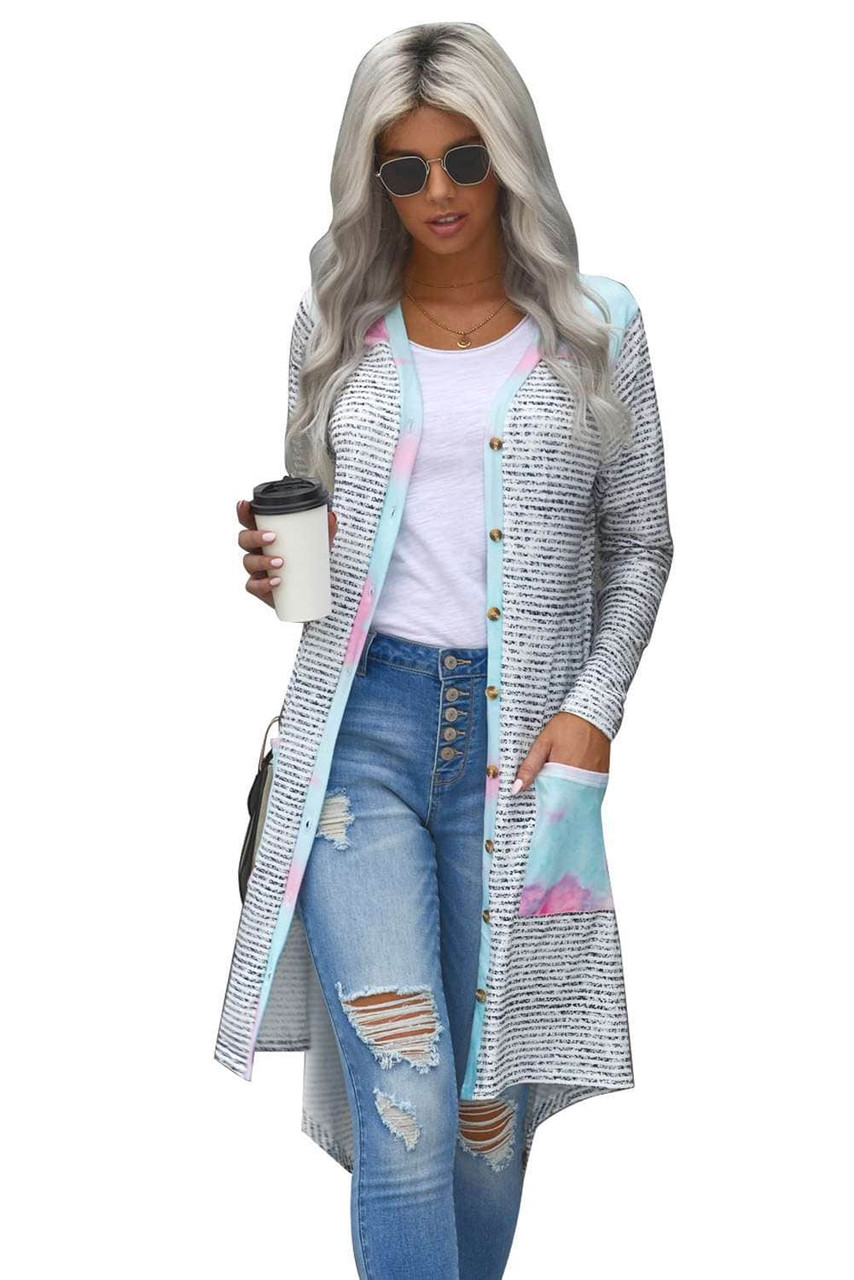 Tie-dye Patchwork Long Striped Cardigan with Pockets