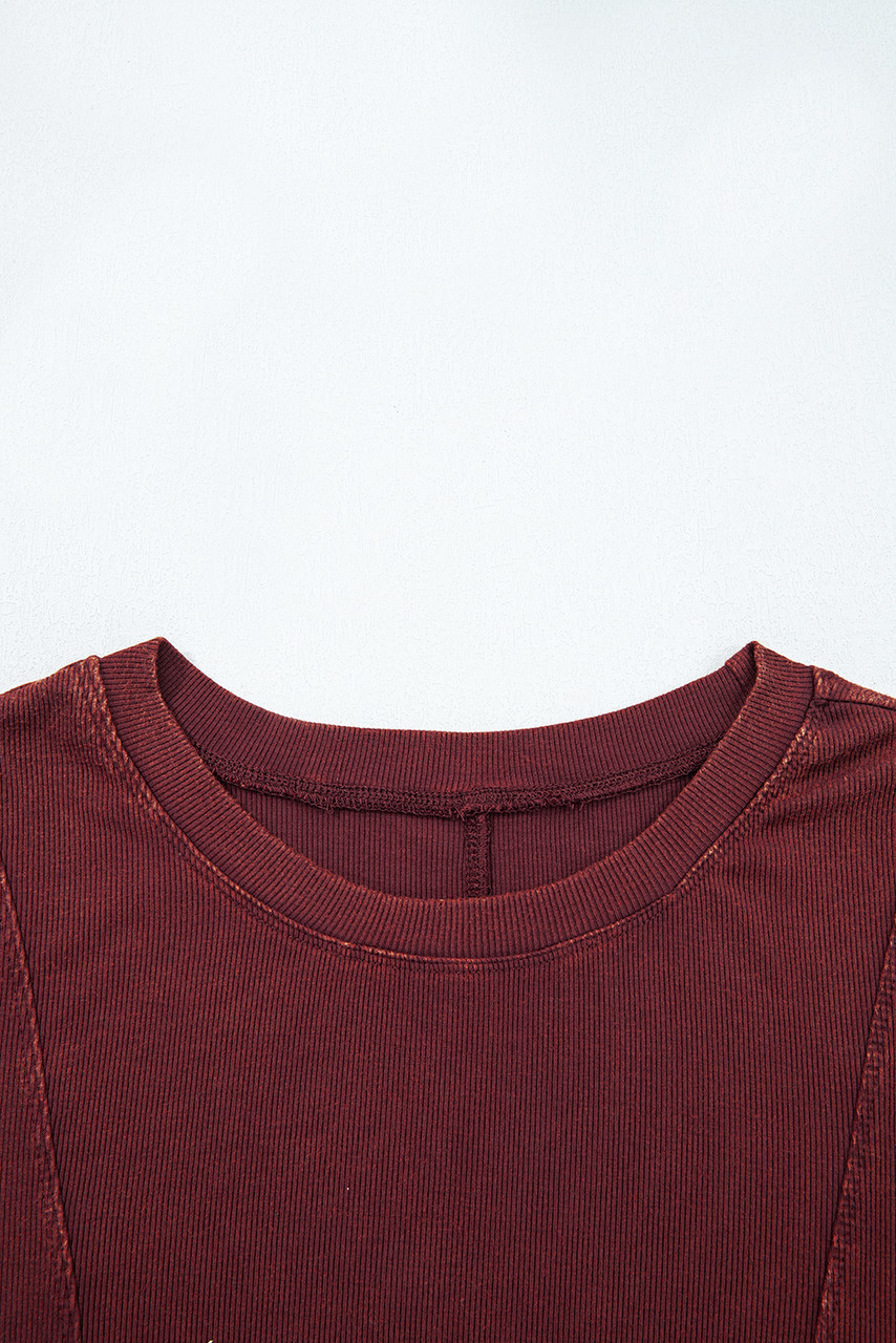Burgundy Exposed Seam Ribbed Long Sleeve Top