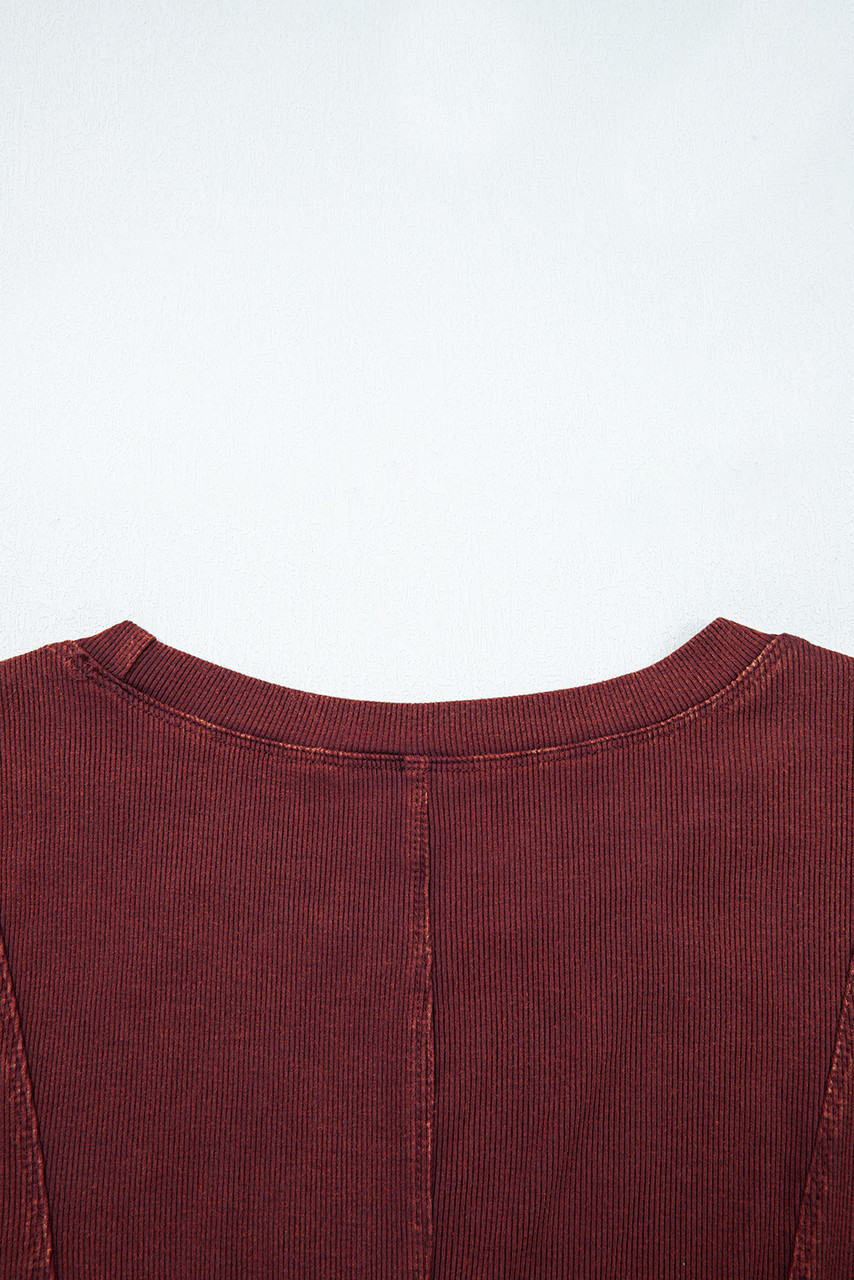 Burgundy Exposed Seam Ribbed Long Sleeve Top