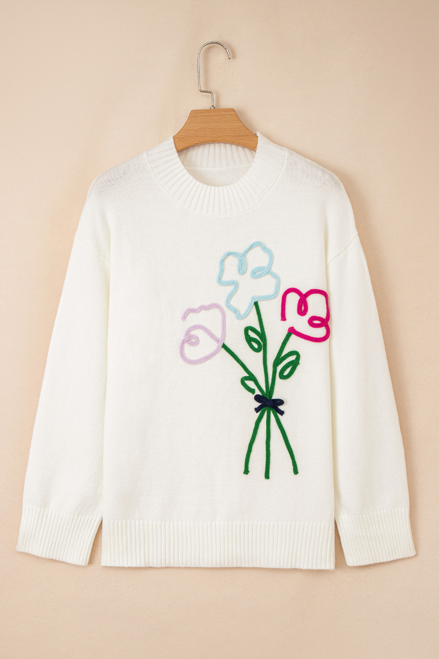 White Embroidered Flower Bouquet Ribbed Trim Loose Sweater